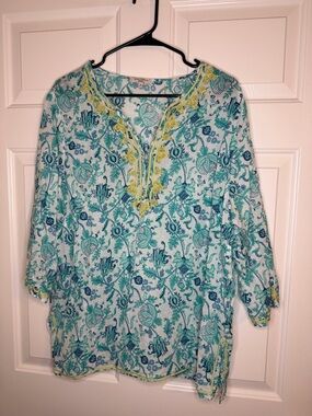 Anne Carson Teal & Yellow Floral Tunic boho size 2X